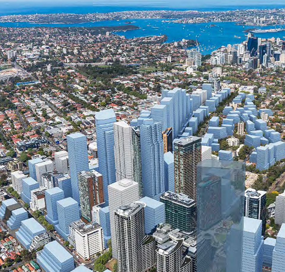 Aerial view of Crows Nest and St Leonards in 2036 showing projected high-rise density above the harbour suburbs